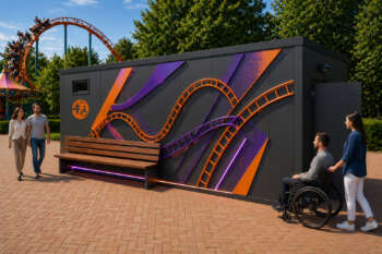 Toegankelijke Changing Places Unit met attractiepark-thema en geïntegreerde zitvoorziening.