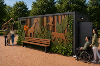 Toegankelijke Changing Places Unit met natuurlijke afwerking, houten elementen en dierentuinthema.