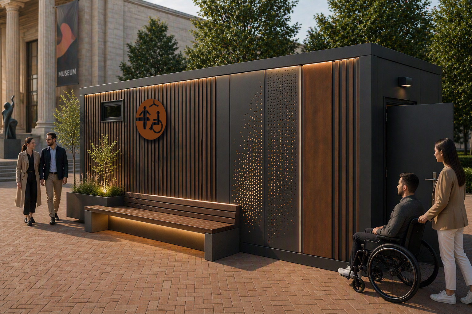 Toegankelijke Changing Places Unit met hoogwaardige architectonische afwerking voor museale omgeving.