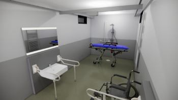 Binnenzijde van een Modulaire Changing Places Unit met toilet, hoog-laag verzorgingstafel, tilliftsysteem en ruime draaicirkel.