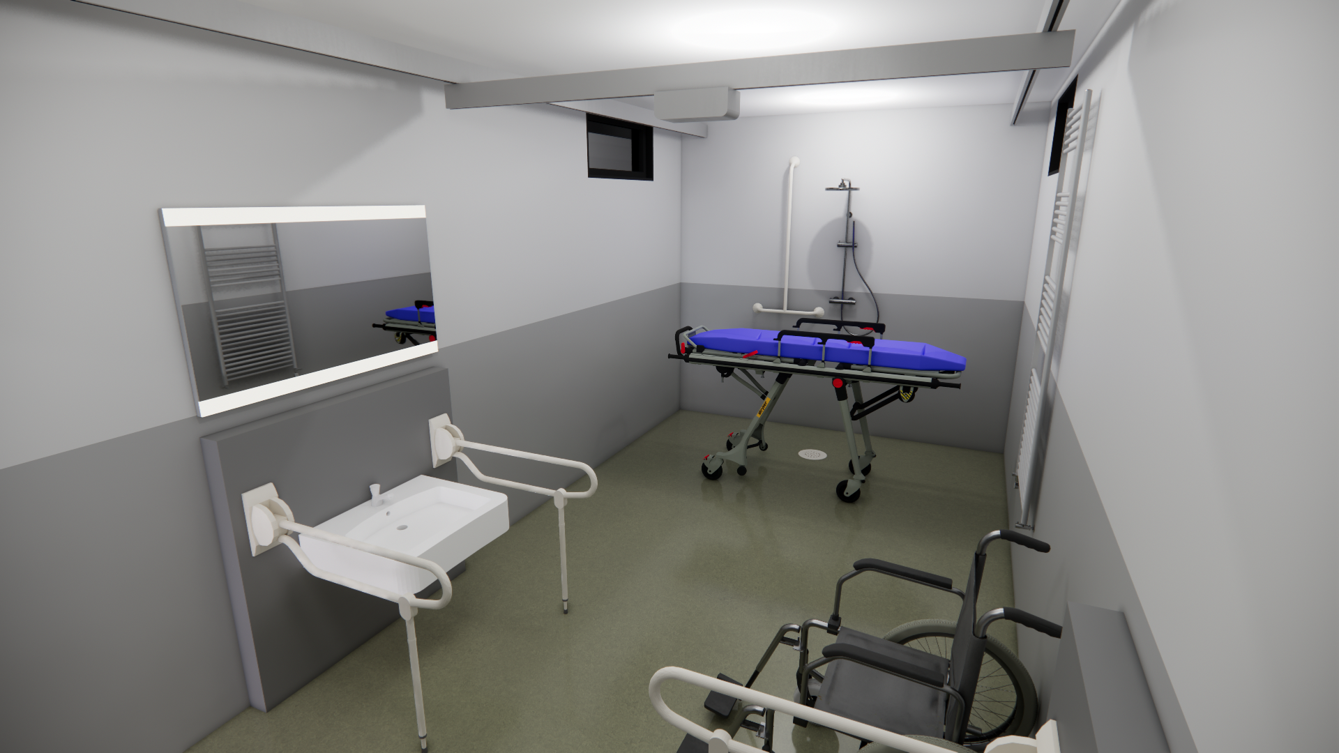 Binnenzijde van een Modulaire Changing Places Unit met toilet, hoog-laag verzorgingstafel, tilliftsysteem en ruime draaicirkel.